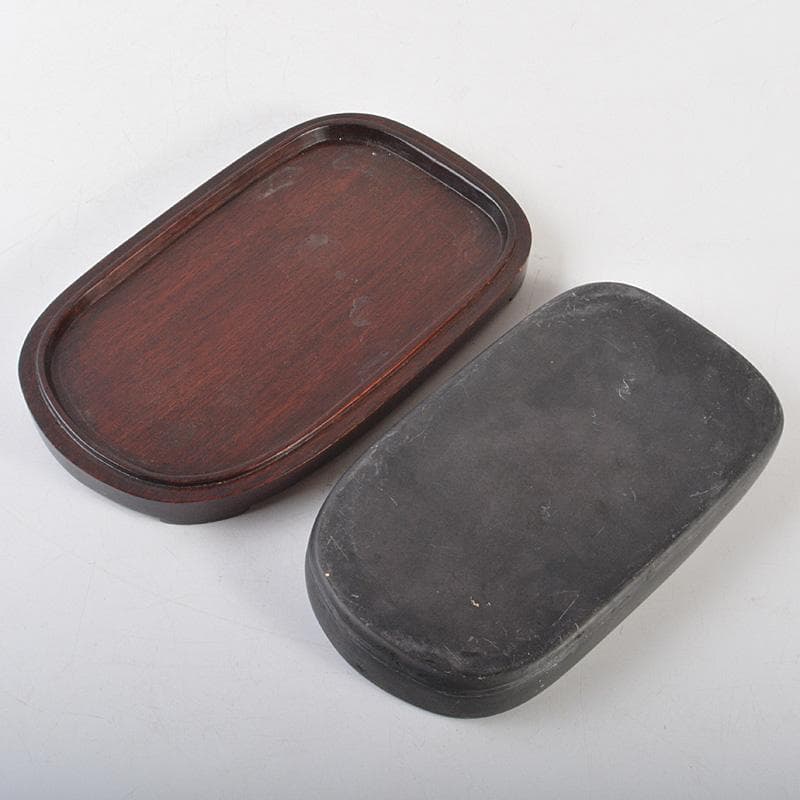 中国　書道具　花刻　端渓硯　唐木箱付　V　R7139