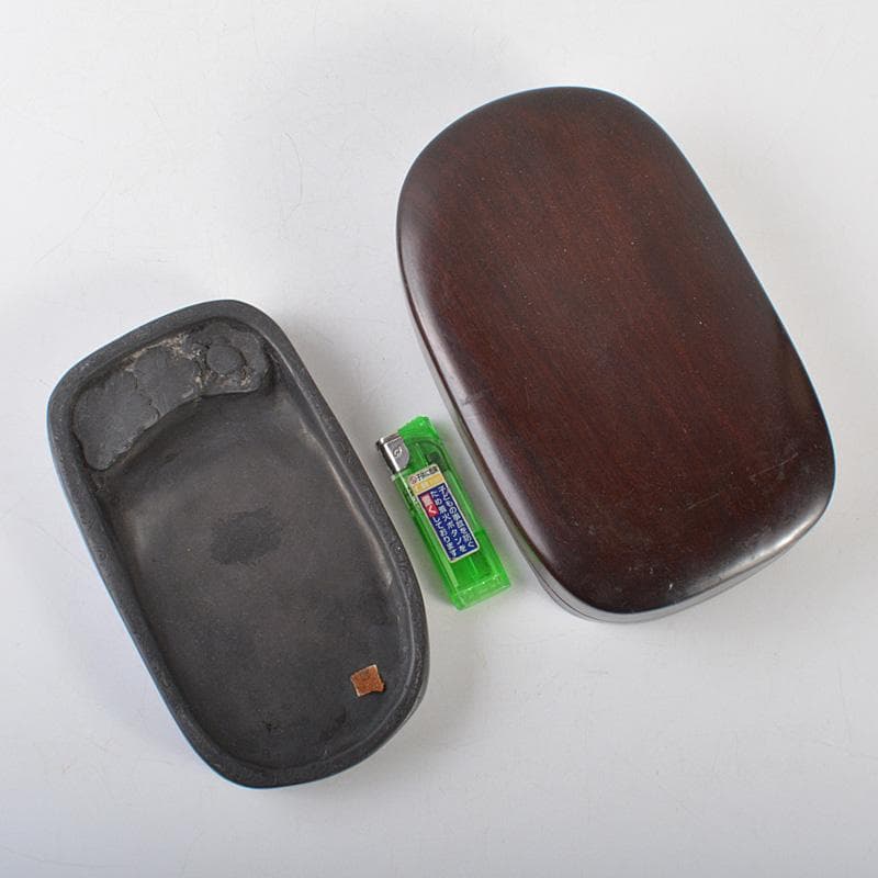 中国　書道具　花刻　端渓硯　唐木箱付　V　R7139