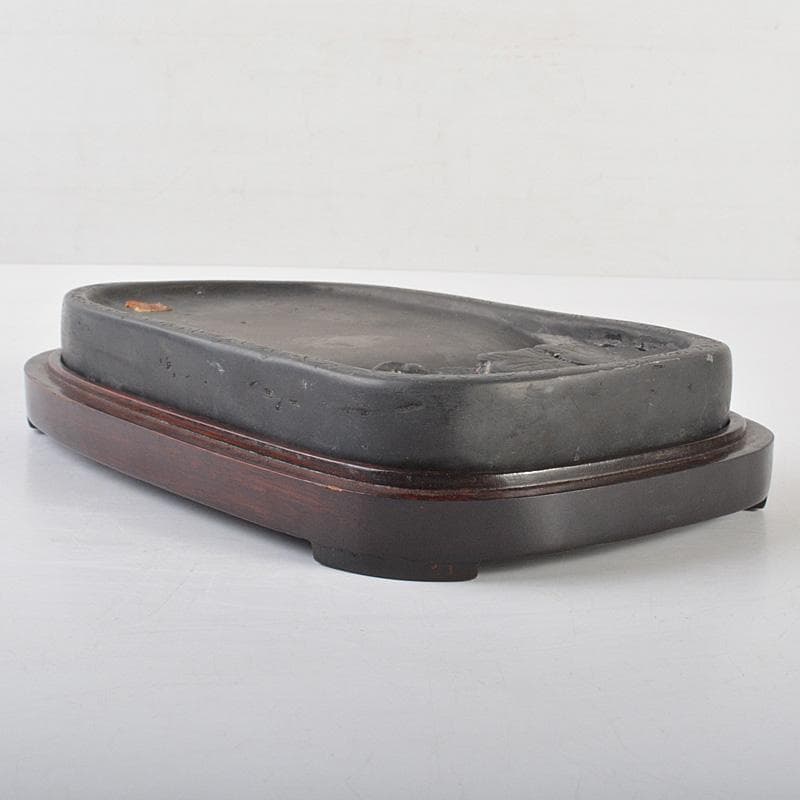 中国　書道具　花刻　端渓硯　唐木箱付　V　R7139