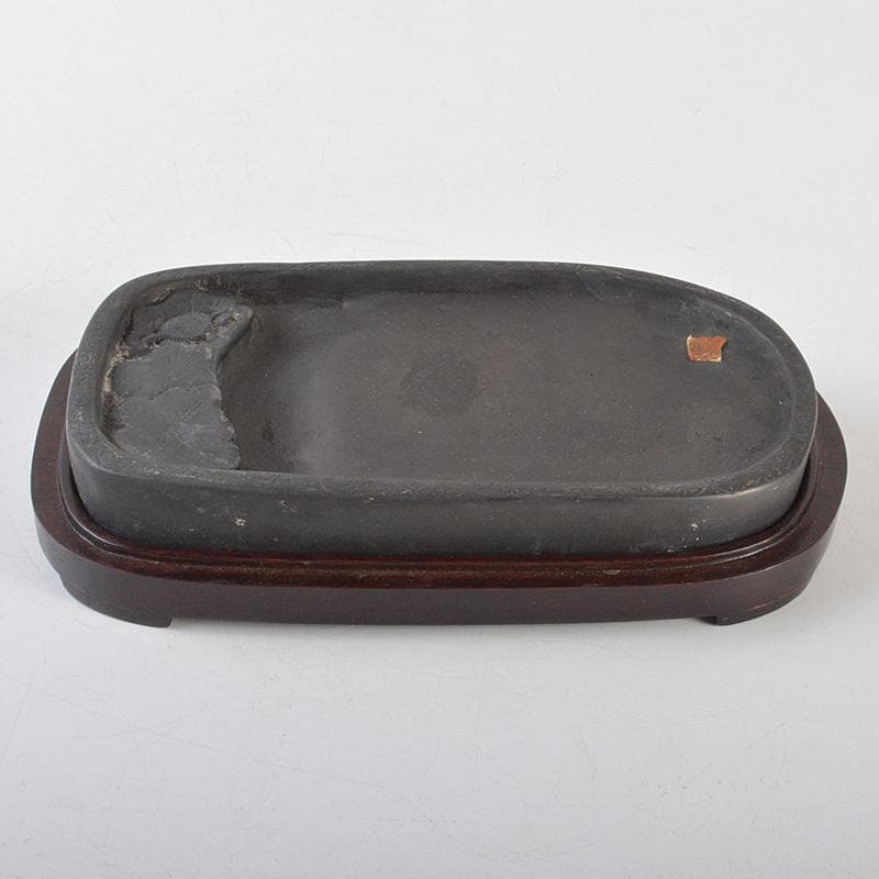中国　書道具　花刻　端渓硯　唐木箱付　V　R7139
