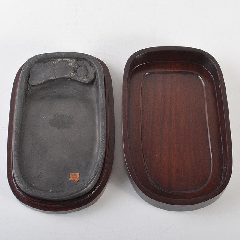 中国　書道具　花刻　端渓硯　唐木箱付　V　R7139