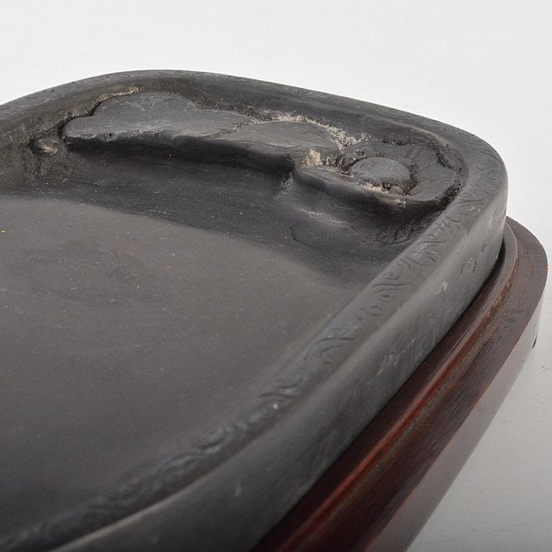 中国　書道具　花刻　端渓硯　唐木箱付　V　R7139