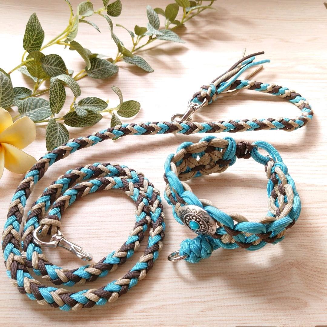 パラコード首輪　ハーフチョーク　ターコイズコンチョ付　中型犬　大型犬　№076