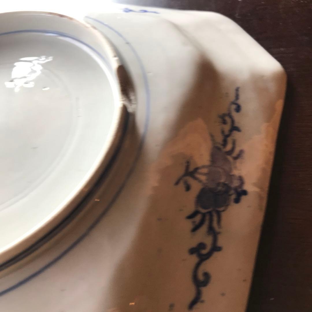 美品　陶器　年代物　盛り皿　角皿　八角絵皿　丁寧に描かれた雷鳥や菊の絵柄が素敵な