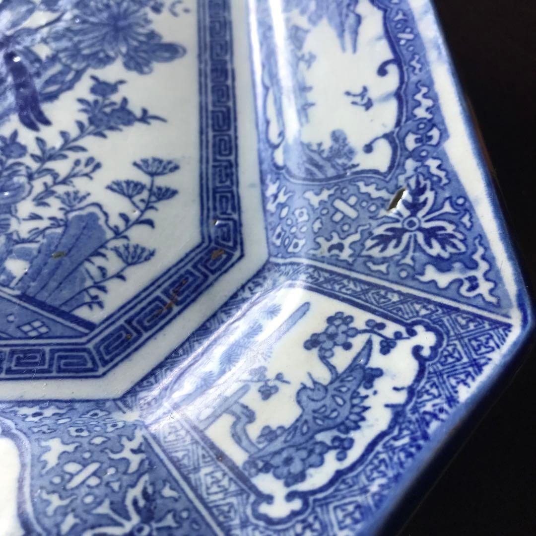 美品　陶器　年代物　盛り皿　角皿　八角絵皿　丁寧に描かれた雷鳥や菊の絵柄が素敵な
