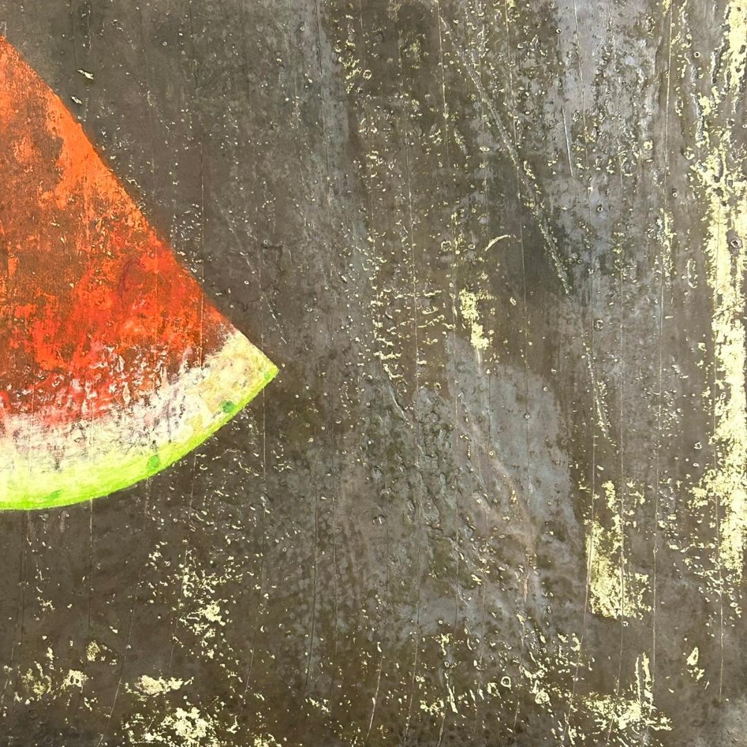 美品 来野月乙「西瓜」染色絵 共シール有 直筆サイン入 立体額 京都の染色作家