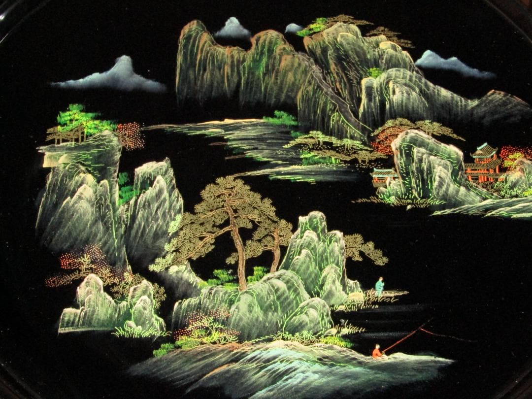 【中国漆器　山水図蒔絵　洋酒器揃　リキュールグラス・シェーカー・トレイ】未使用品