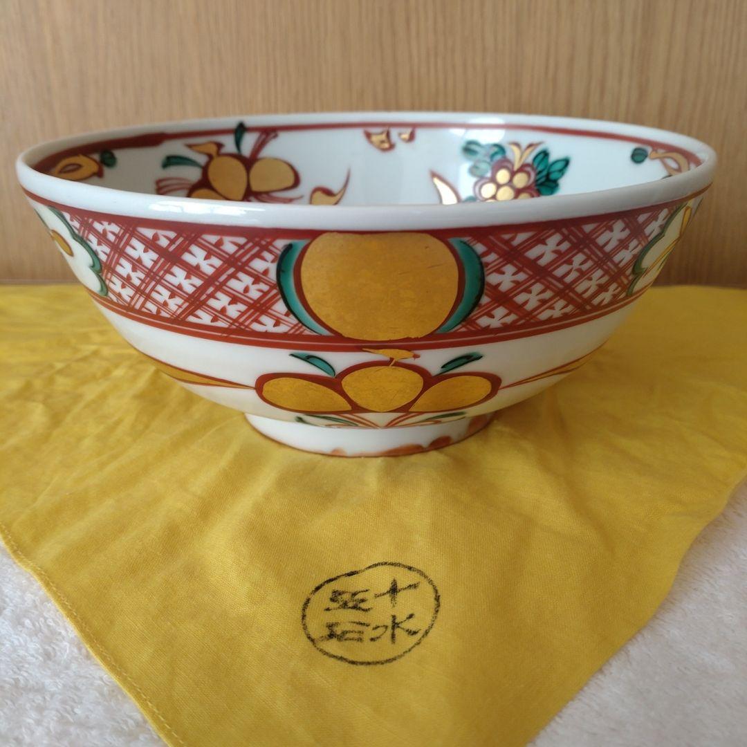 菓子鉢　赤絵　福の字　眞葛香斎造　共箱