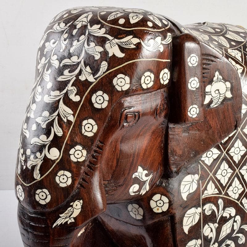 中国　唐木紫壇製　獣骨象嵌装飾　インド象　置物　V　R4905B