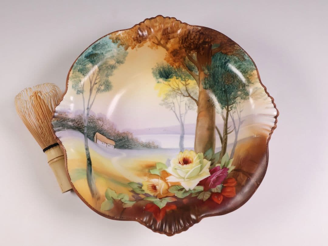 【CM309】オールドノリタケ 風景 薔薇 皿 鉢 幅21.8cm 湖畔 明治