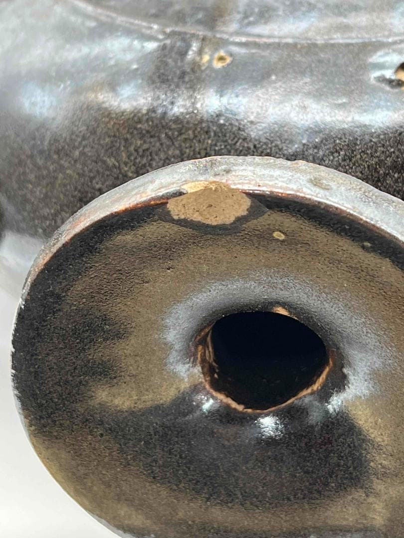 金～元時代 褐黑釉 木の葉文　大扁壺　花入　花瓶　茶道具(B-66)