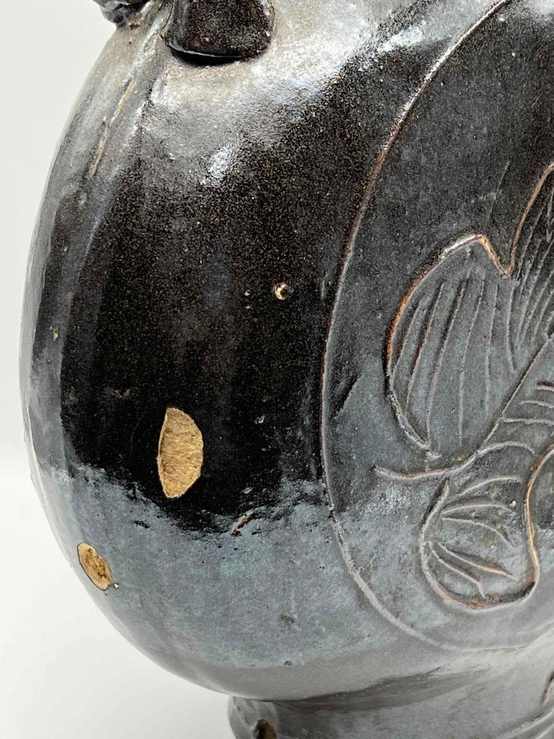金～元時代 褐黑釉 木の葉文　大扁壺　花入　花瓶　茶道具(B-66)