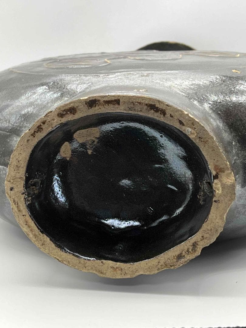 金～元時代 褐黑釉 木の葉文　大扁壺　花入　花瓶　茶道具(B-66)