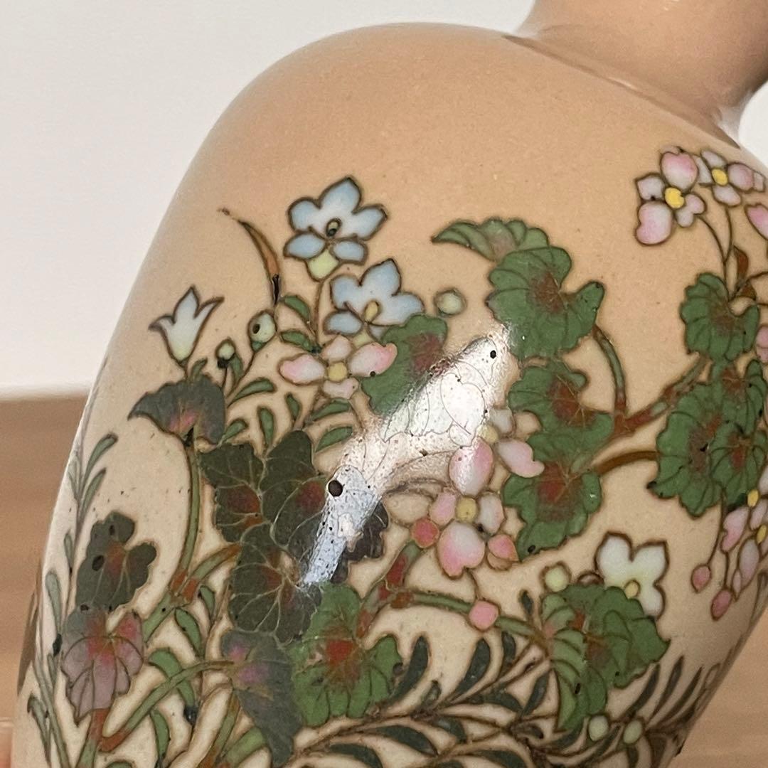 明治期　尾張　七宝　花文　銀線　植線　花瓶　小花瓶　小瓶　七宝焼　壷　花入