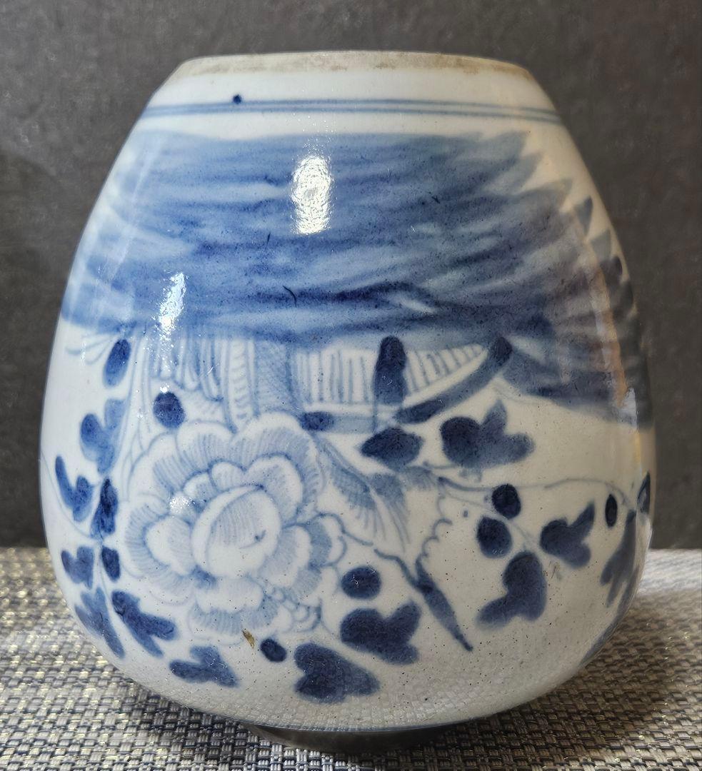 中国古陶磁器　清代　清朝　青華　古染付 草花の図　茶壺　花入れ　茶道具　茶器