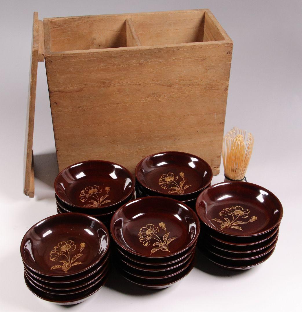 CH27 輪島塗 沈金花文 溜塗 銘々木皿 25客 小皿 豆皿 木箱 木製漆器