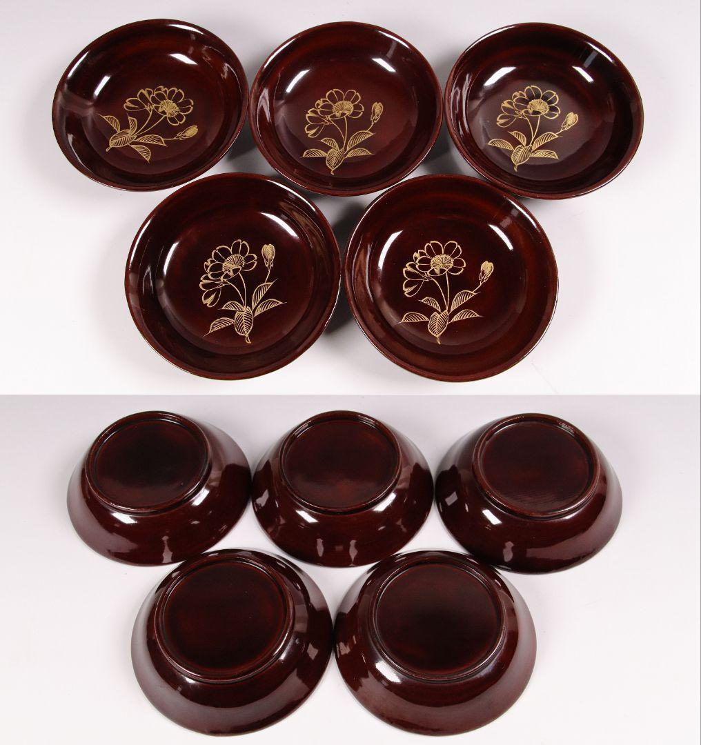 CH27 輪島塗 沈金花文 溜塗 銘々木皿 25客 小皿 豆皿 木箱 木製漆器