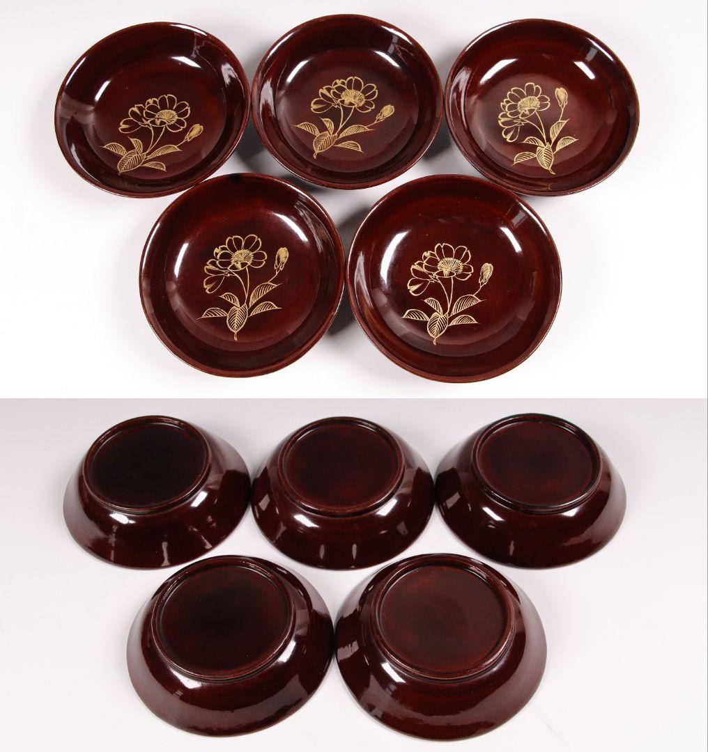 CH27 輪島塗 沈金花文 溜塗 銘々木皿 25客 小皿 豆皿 木箱 木製漆器