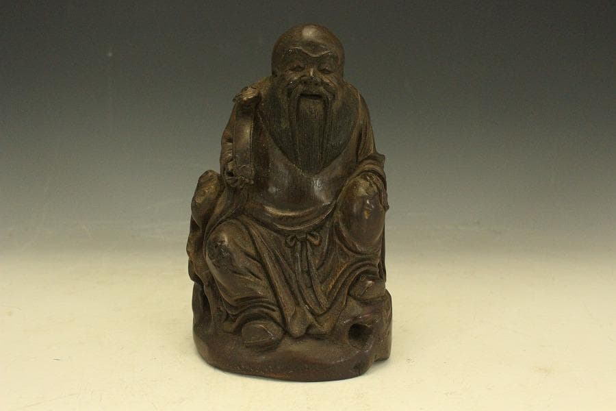 中国美術 竹根 刻 如意手 寿老人 置物 高15.8cm(A270)