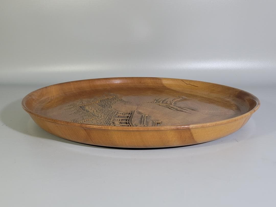 銘木 一刀彫 煎茶 盆 円盆