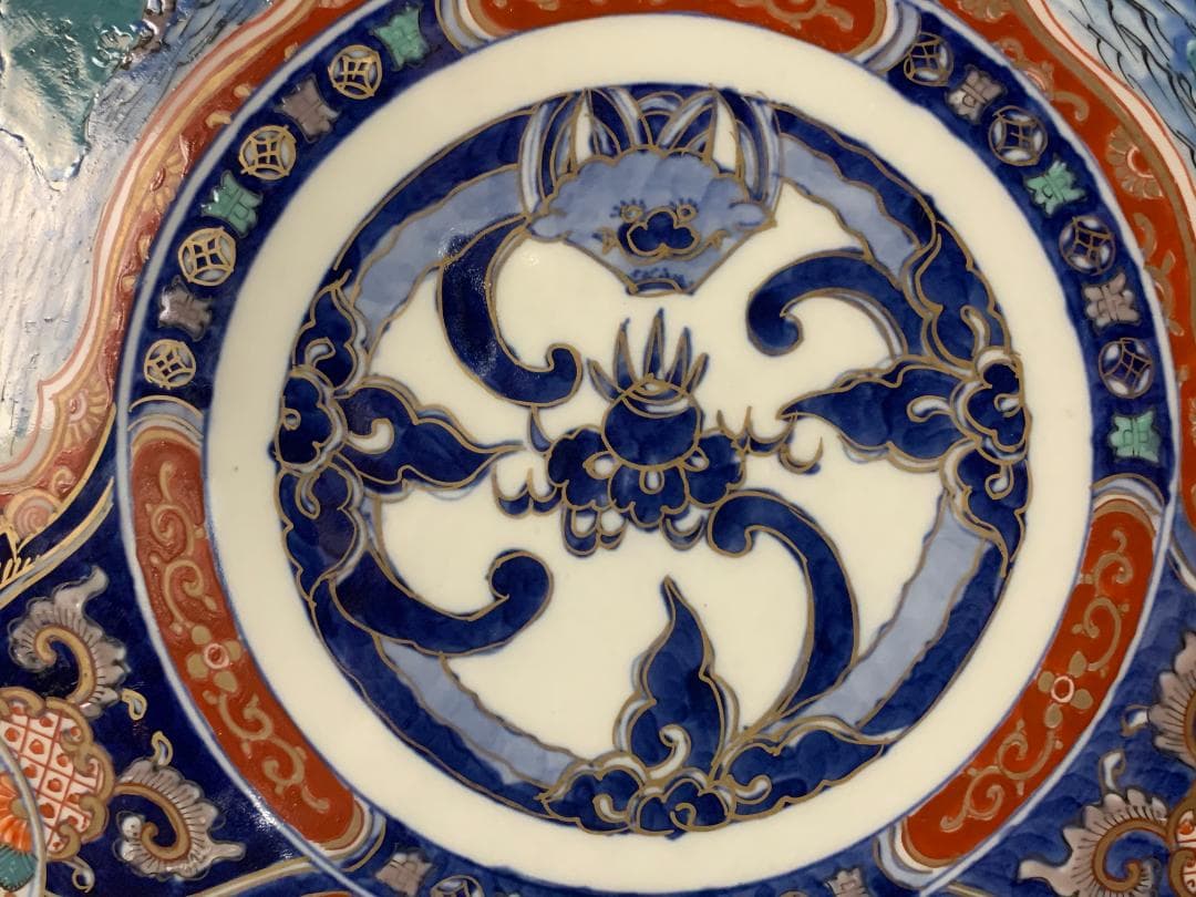 古伊万里 元禄伊万里 染錦 窓絵 富士に千鳥鶴松図 妖怪文 大飾皿 江戸中期