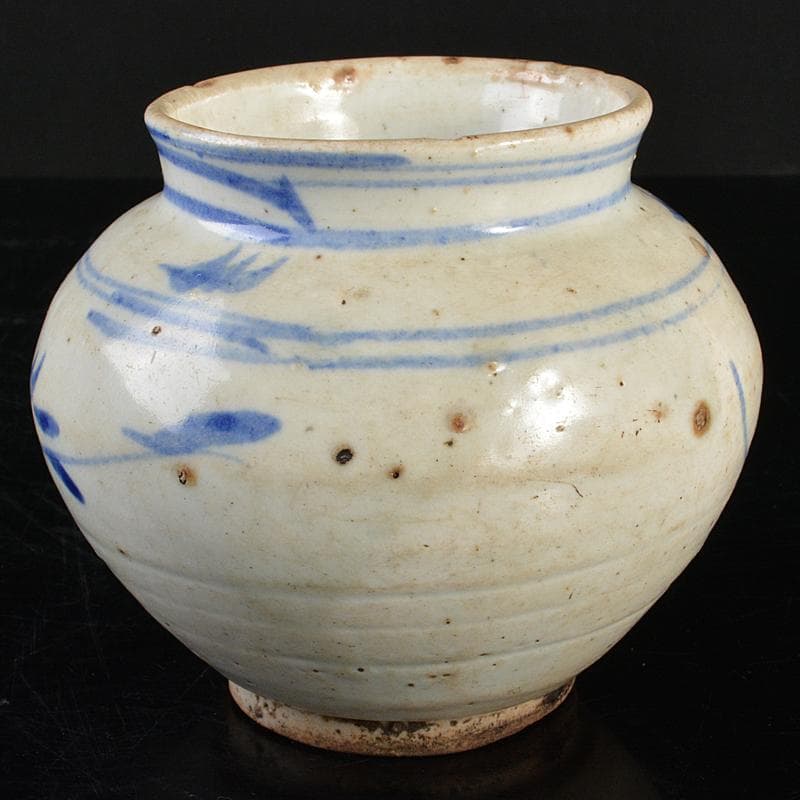 朝鮮美術　李朝　高麗白磁　染付　草文　小壷　M　R5738