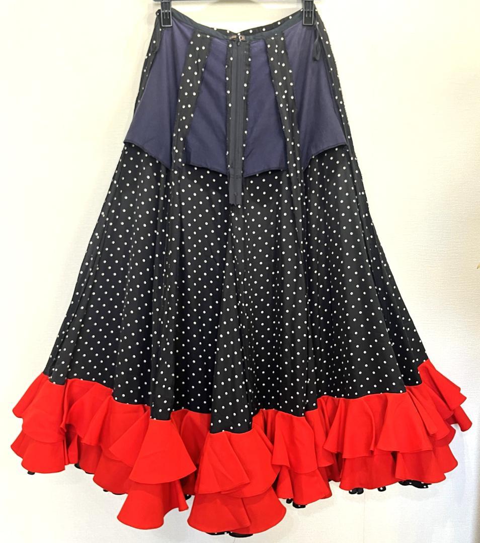 フラメンコ衣装 ツーピース ブラック×ホワイト水玉 レッドフリル