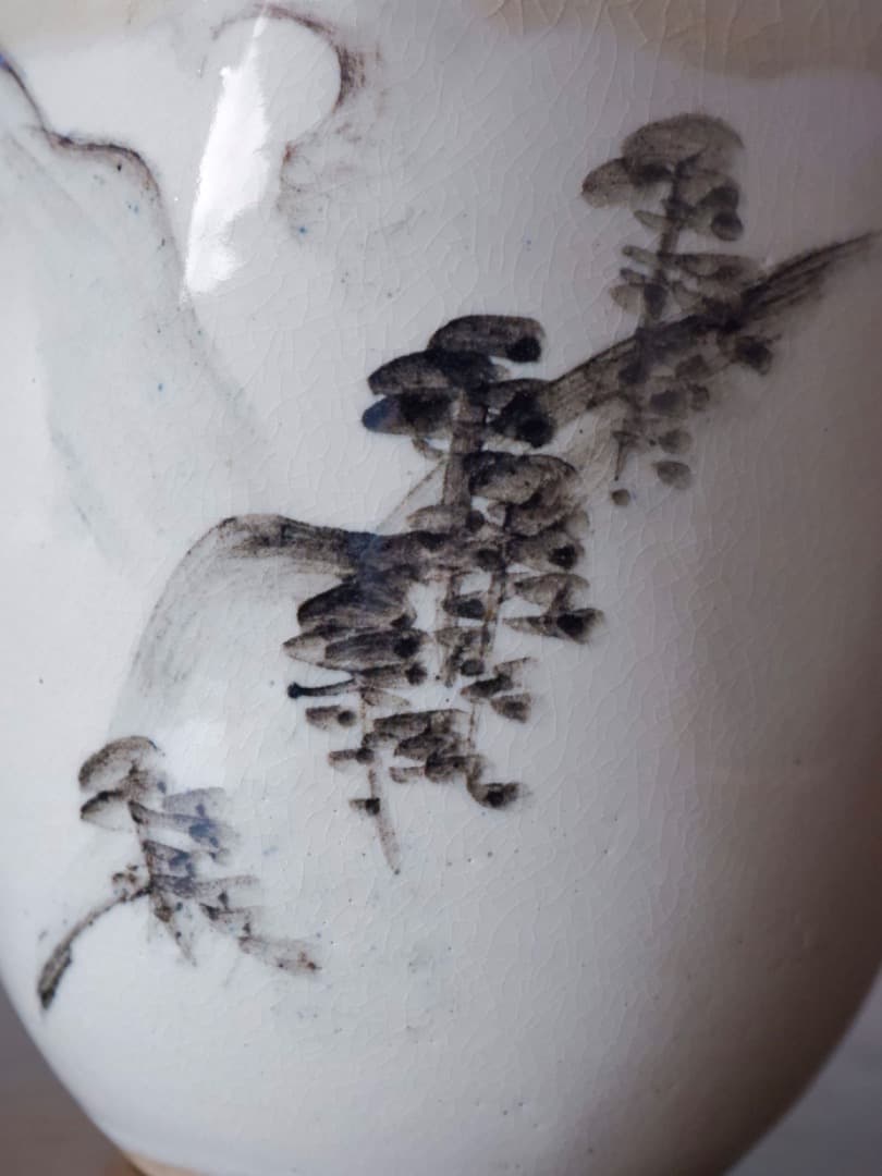 阿漕窯　水墨色絵　水指　陶磁工芸　箱付　資料付　茶道具Q2344