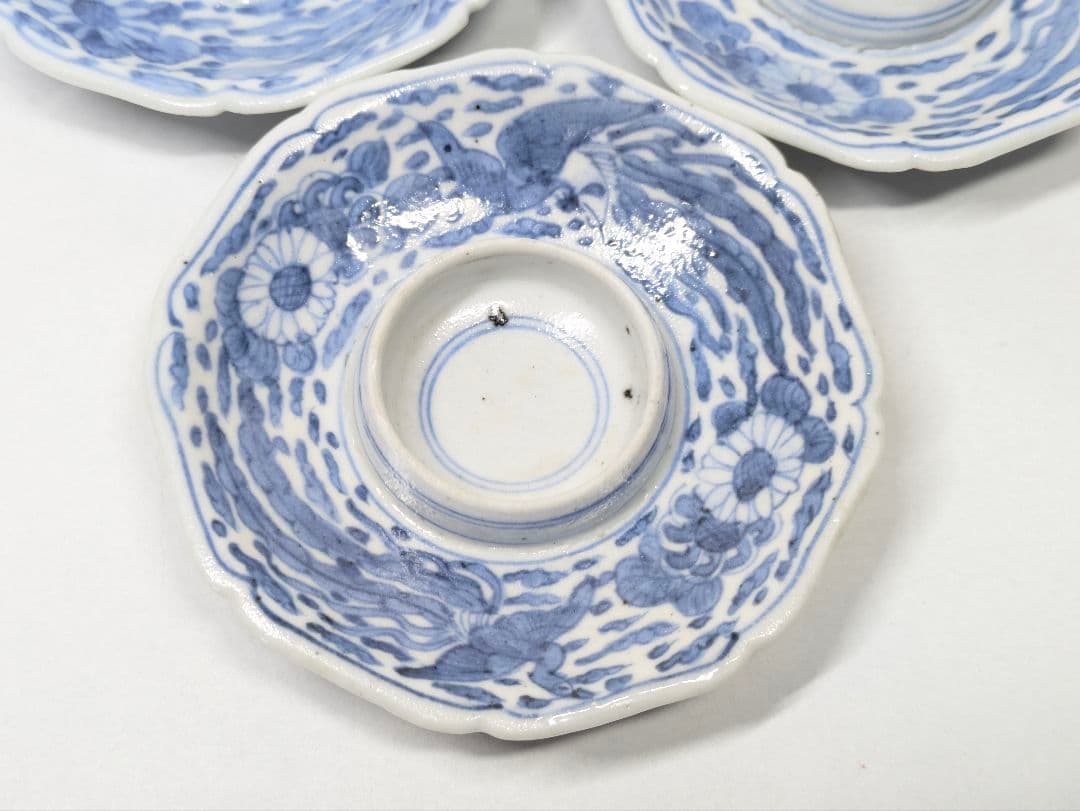 鳳樹軒 文平 造 染付 鳳凰花唐草文 輪花形 盃台 六客 酒器