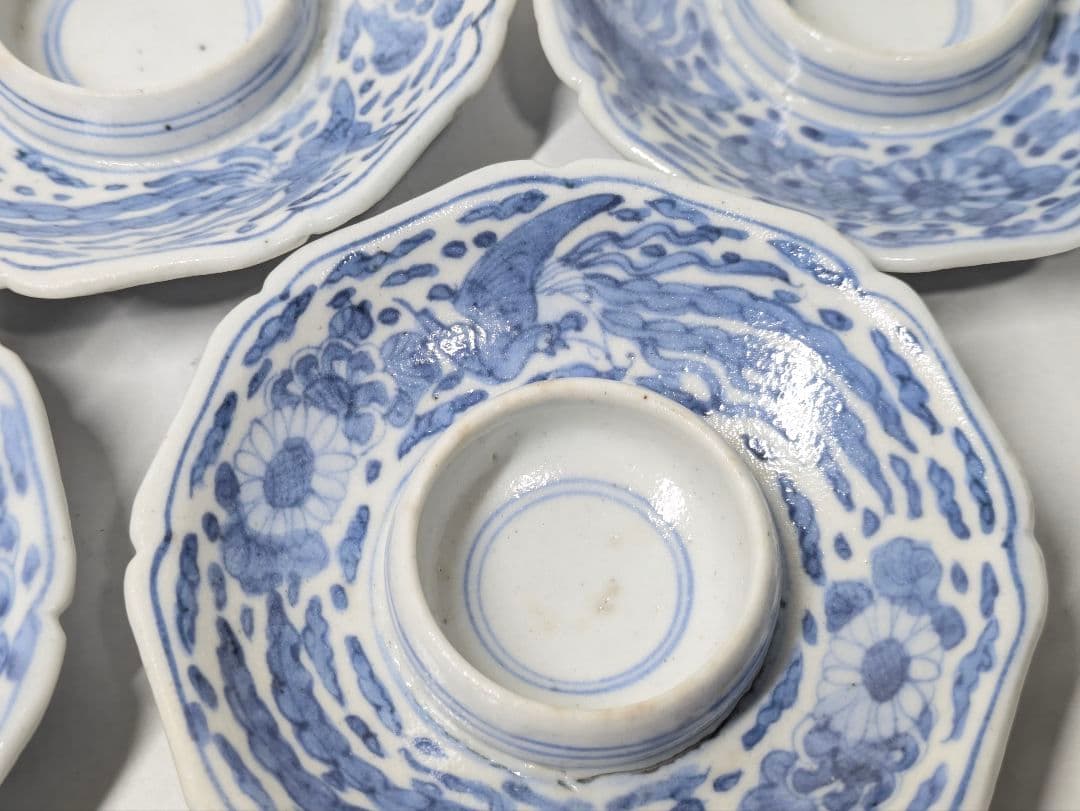 鳳樹軒 文平 造 染付 鳳凰花唐草文 輪花形 盃台 六客 酒器