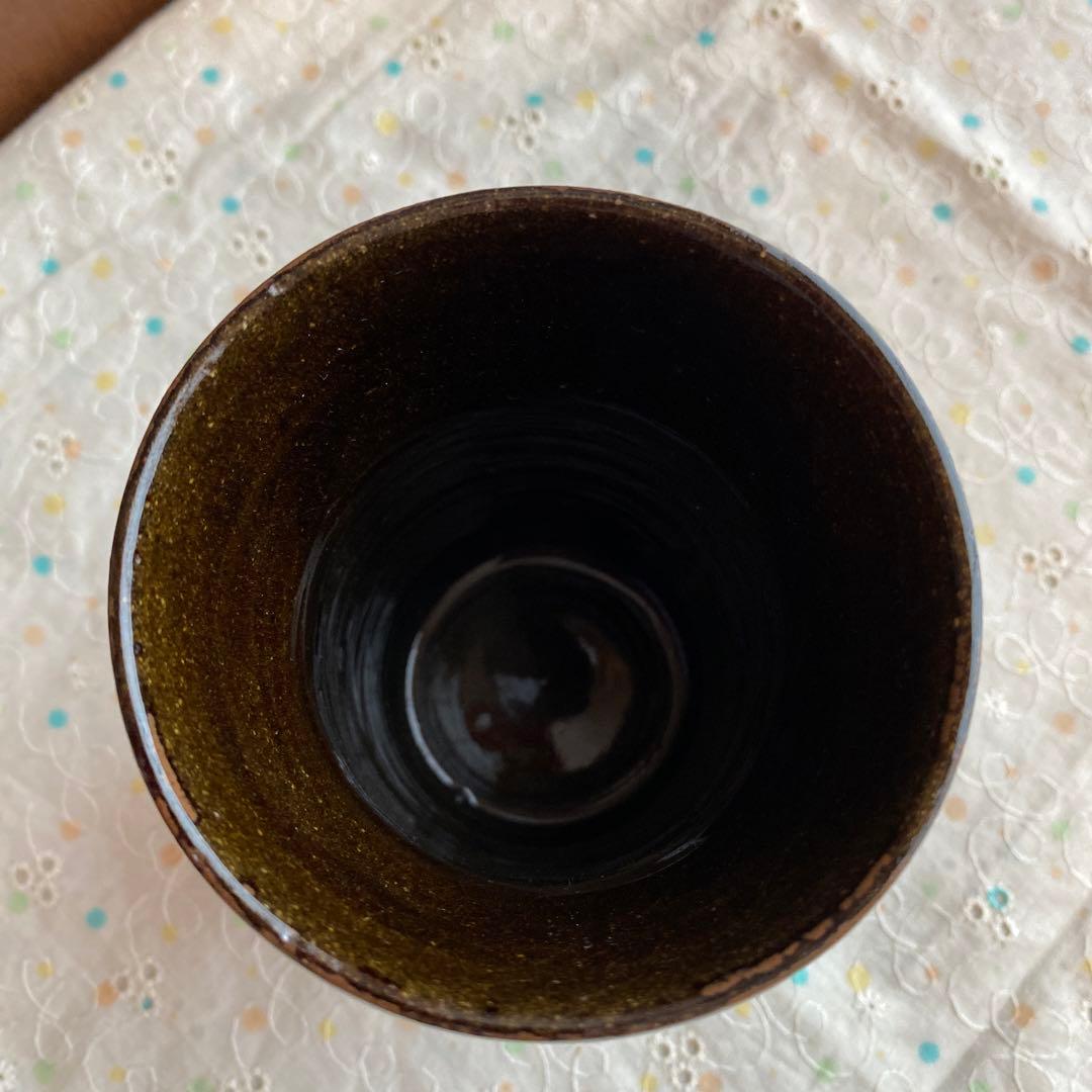 民藝　岩井窯　山本教行さん　フリーカップ　黄秞　いっちん文　飴色