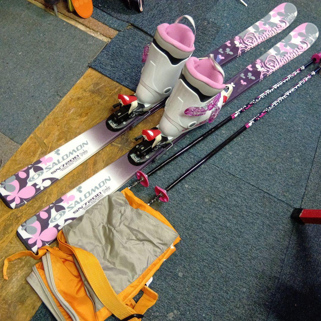 サロモン140cmメンテナス済 靴24cm、ストック付 ホットWAX済