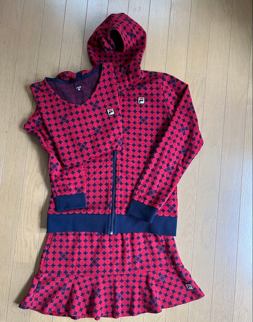 FILA テニス　ジャガードフーデイとシャツ、スカートの3点セットアップ　L