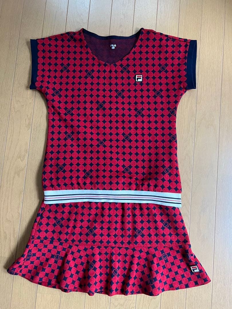 FILA テニス　ジャガードフーデイとシャツ、スカートの3点セットアップ　L