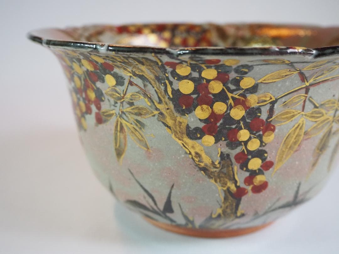 8代吉向十三軒造『南天絵菓子鉢』（共箱）