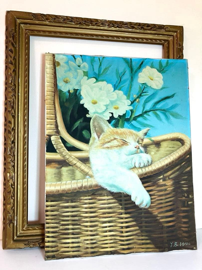 油彩画 バスケットで眠る猫 肉筆 大型豪華フレーム 縦80cm横65cm