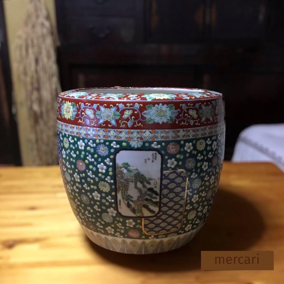 伊万里焼 安藤広重 東海道五拾三次窓絵 十錦手 火鉢 /骨董/時代物