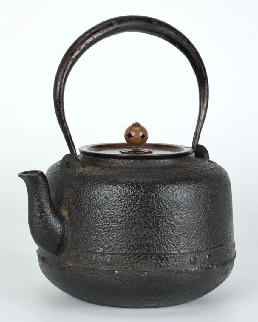 【時代鉄瓶】班柴銅蓋 累座紋 萬代屋形鉄瓶 茶道具 湯沸 古鉄瓶 古美術 骨董品