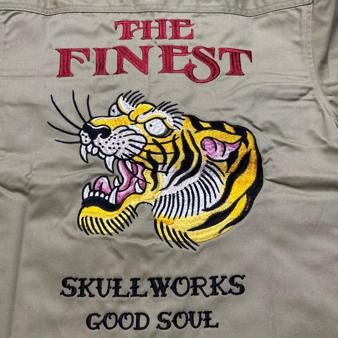 新品　M スカルワークス　トラ　半袖シャツ　ボウリングシャツ　刺繍　ベージュ