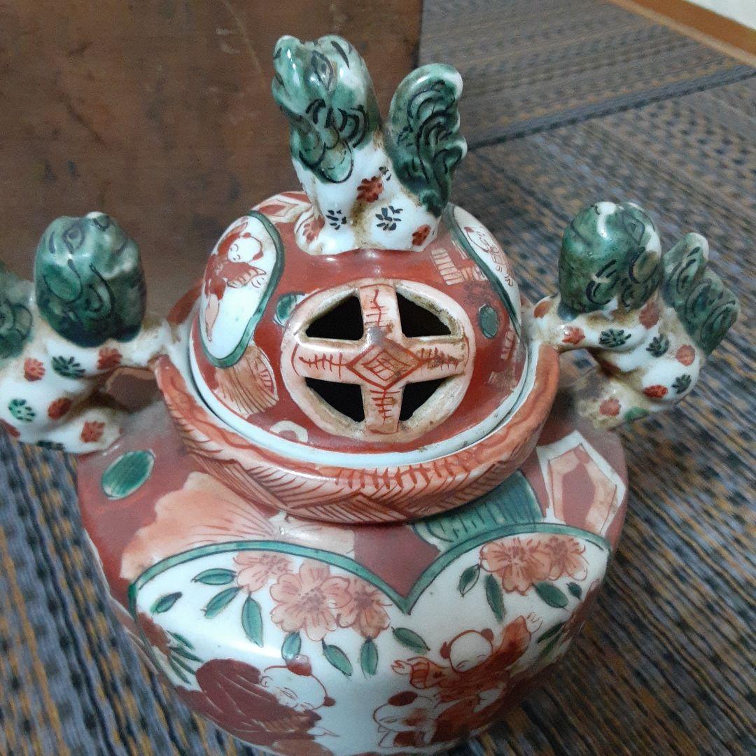 古い伊万里赤絵九谷焼香炉/江戸唐子狛犬薩摩十字角福小槌三足耳付/瓔珞緑釉窓絵箱入