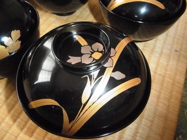 1870年頃 購入時16万◆橘屋友七作 金銀草花蒔絵 黒塗仙才丸吸物椀 10客