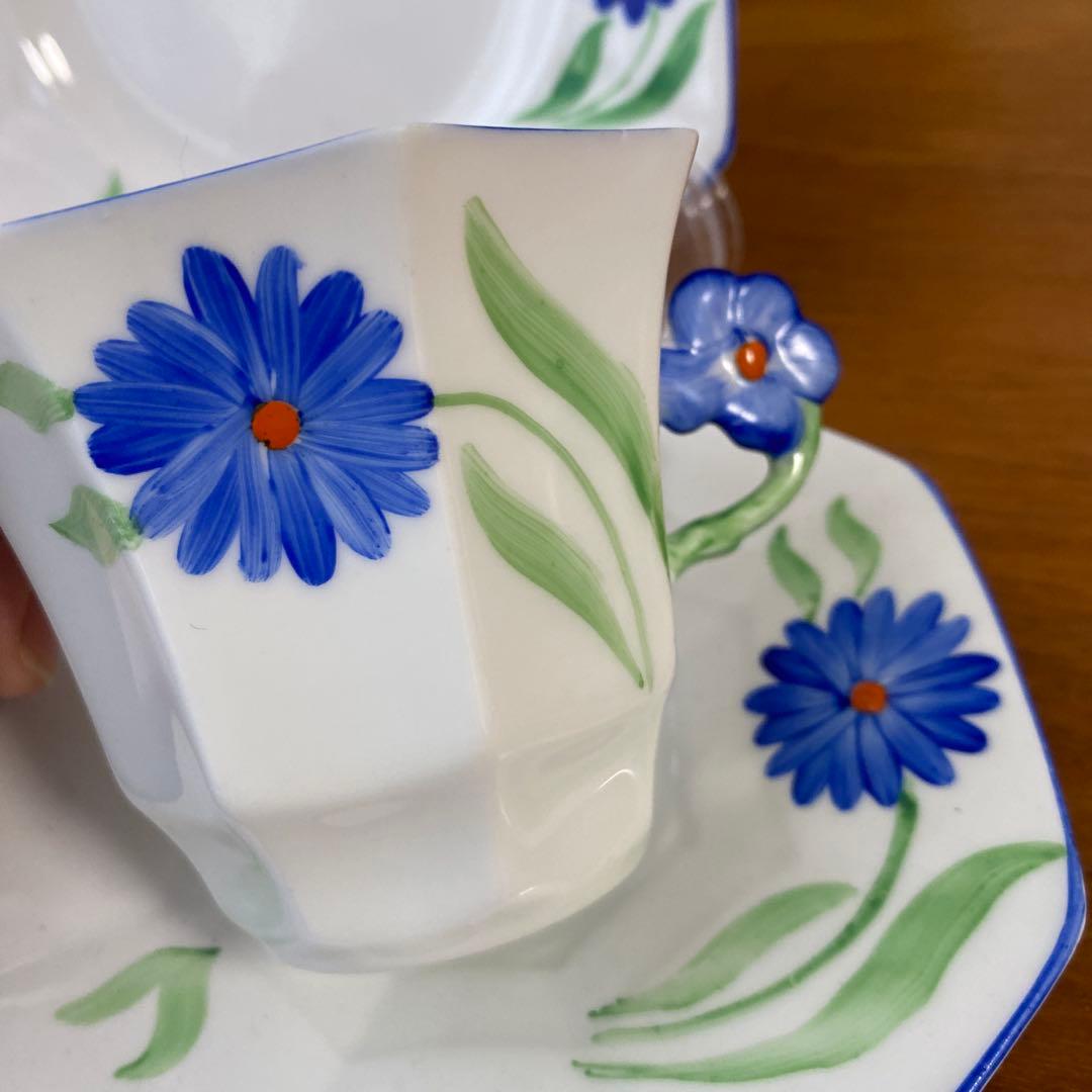メルバ　ブルーフラワー　フラワーハンドル　カップ　ソーサー　プレート　トリオ