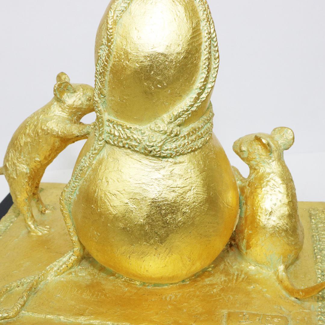 壽　富永直樹 ブロンズ 金箔仕上 鼠 瓢箪 台座 共箱 冊子 寿 置物