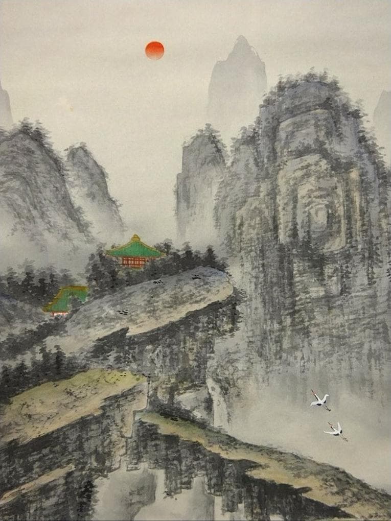 【真作】掛軸 南義信『蓬莱仙境之図』絹本 肉筆 共箱付 掛け軸 p06207