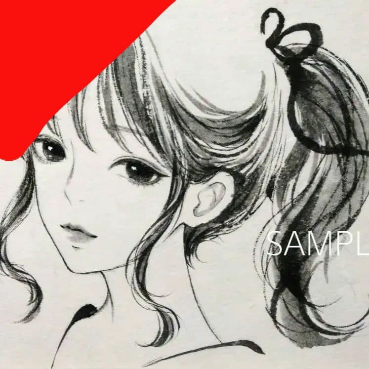専用　絵画　日本画　水墨画　墨絵　美人画　ポニーテール　手描きイラスト