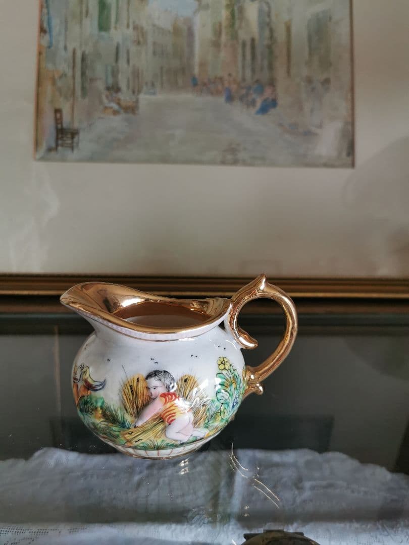 アンティークイタリア カポディモンティ 子供と鳥の実りの草原 収穫 クリーマー