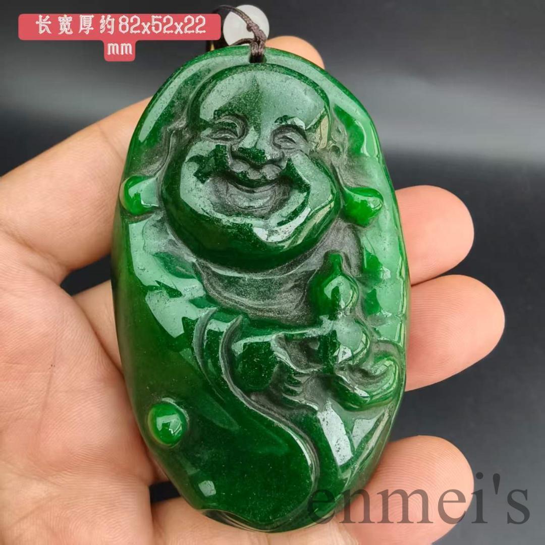 中国古美術 ミャンマー 満緑 翡翠 招財仏 把玩件 手工細彫 古玉 ペンダント