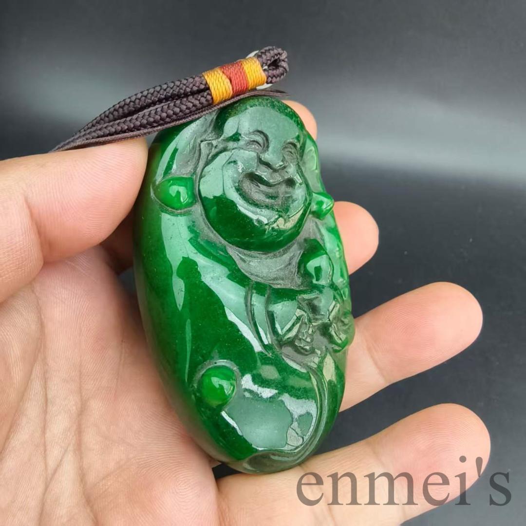 中国古美術 ミャンマー 満緑 翡翠 招財仏 把玩件 手工細彫 古玉 ペンダント