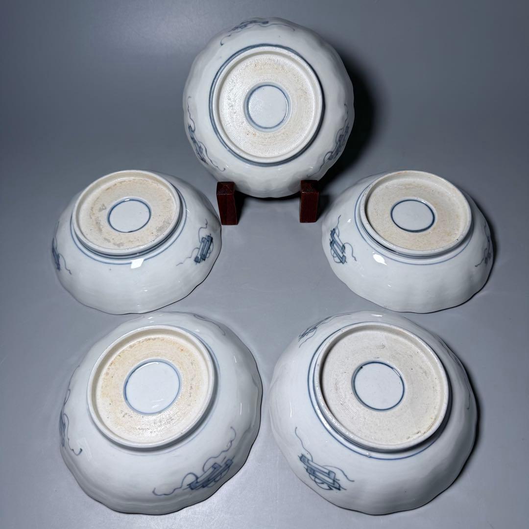 古伊万里　色絵花鳥図輪花形膾皿　松竹梅　裏巻物文様　江戸期　金蘭手　最後の五点