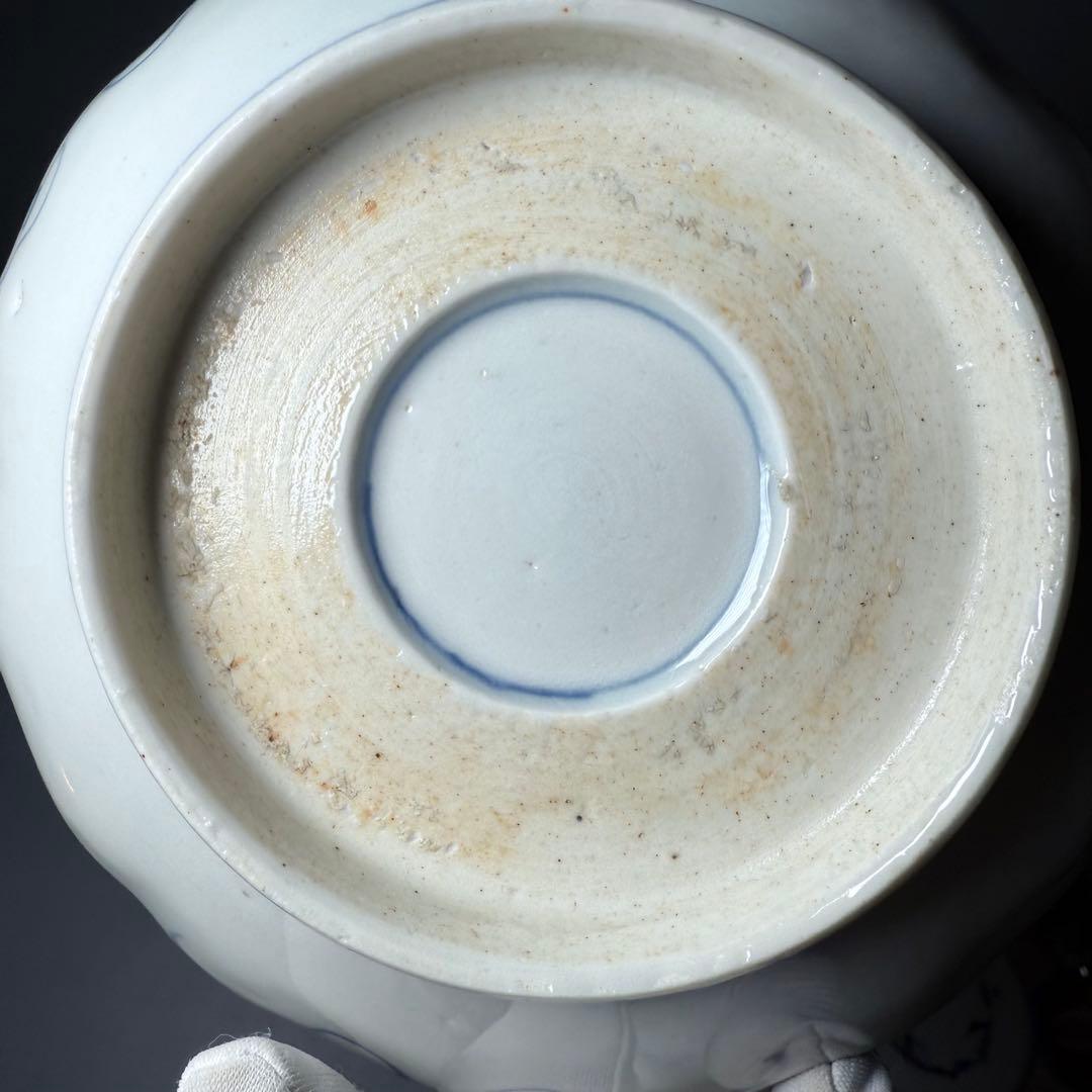 古伊万里　色絵花鳥図輪花形膾皿　松竹梅　裏巻物文様　江戸期　金蘭手　最後の五点